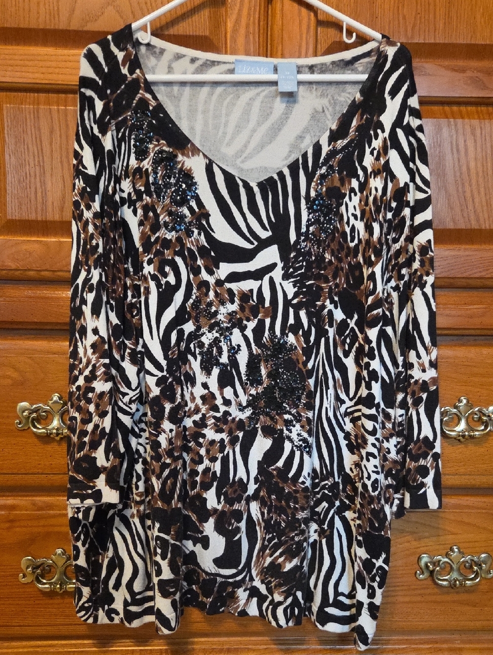 Liz & Me Black, Brown & White Animal Print V-Neck Long Sleeve Top